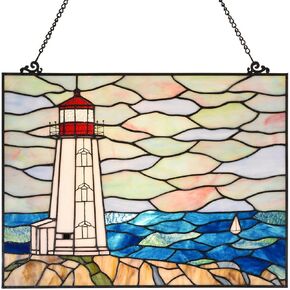Bieye W10066 Peggy's Point Lighthouse Tiffany Style Stained Glass Window Hangings Panel, 19" W x 14.4" H