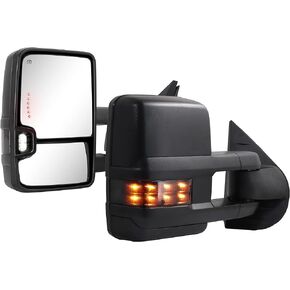 Towing Mirrors Bright Black for 2007-2013 Chevy Silverado Suburban Tahoe Avalanche GMC Sierra Yukon with Power Glass Turn Signal Light Backup Lamp Heated Extendable Pair Set (Black Paint 8555)