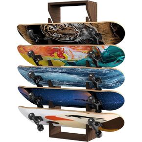 Skateboard Rack Wall Mount 6-Layer Wooden Skateboard Rack Floor Stand Display Skateboard Holder Wall Mount Storage for Deck Homes Garages Clubs and Skate Shops