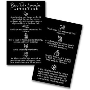 Brow Tint + Lamination Aftercare Cards | Physical Printed 2x3.5" inch Business Card Size | Black and White Design