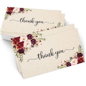 321Done Thank You Notecards Small (Set of 50) Business Card Size 3.5x2 – Red Roses on Rustic Kraft Tan - for Gifts, Parties, Weddings, Small Home Business, and Any Occasion- Made in USA – Floral