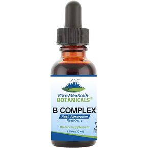 Pure Mountain Botanicals Liquid Vitamin B Complex - Raspberry Flavor Kosher B Complex Vitamin with B12, B6, Thiamin, Biotin, Niacin - 1oz Bottle
