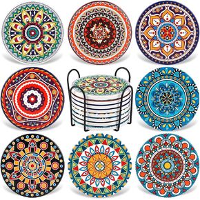 Coasters for Drinks, Set of 8 Absorbent Stone Coasters for Wooden Table, Mandala Ceramic Coasters with Cork Base, Gift for Housewarming Birthday and Family - Great Home and Dining Room Decor