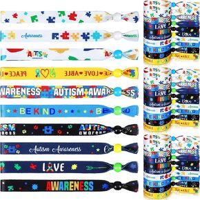100 Pcs Autism Awareness Bracelet Polyester Wristbands Ribbons Colorful Puzzle Pieces Wristbands for Events Bulk Autism Hair Ties Autism Accessories for Kids Teen Adults Fundraising Activities Gifts
