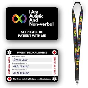 Autism Autistic Anxious Non-Verbal Awareness Medical Card, Autism Card with Writable Panel and Autism Patterned Lanyard with Waterproof Card Holder (I’m Autistic Card & Autism Lanyard)