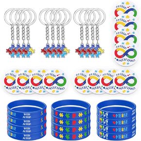 Sinasasspel Autism Awareness Silicone Bracelets Badges and Keychains 36pcs Set, Colorful Puzzle Pieces Rubber Wristbands Badge Pins Autism Bracelets for Women Men Teen, Teaching Supplies in Kuwait
