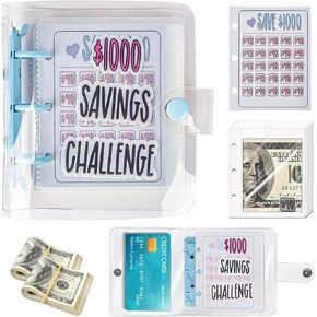 1000 Savings Challenge Binder, Prefdo Money Saving Binder, Mini Budget Binder with Cash Envelopes, Easy and Fun Way to Save $1000, Cash Envelope Binder for Offices, Home, School（Blue）