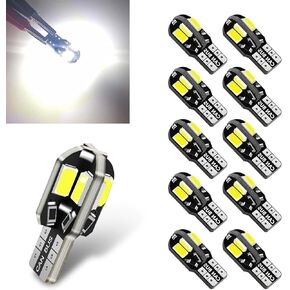 10 PCS LED Car Interior Bulb, T10-5730-8SMD Indicator Light, 12V Car Side Wedge Light, 6500K Error Free Lamp for Map Dome Courtesy License Plate Side Marker Light (White)