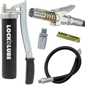 LockNLube Easy-Prime Lever Grease Gun. Includes Our Patented Grease Coupler (Locks on, Stays on, Won't Leak!) Plus a 20" Hose and in-line Hose Swivel.