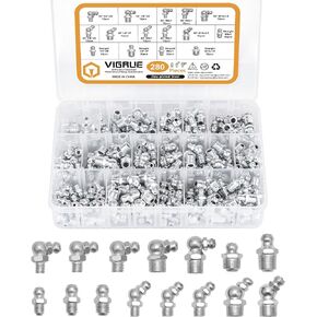 VIGRUE Grease Fittings, 280 Pieces SAE & Metric Grease Fitting Assortment Kit, Standard Grease Fittings Grease Zerks, Straight and Angled Perfect for Replacing Missing or Broken Zerk Fitting