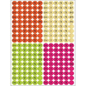Garage Sale Price Sticker 1 x A4 Sheets | 216 Count | 2/3 Inch | Adhesive Stickers | Yard Sale, Flea Market, Clearance Label, Office Supplies, Dot Tags | Bright Colors, Orange, Gold, Pink, Green