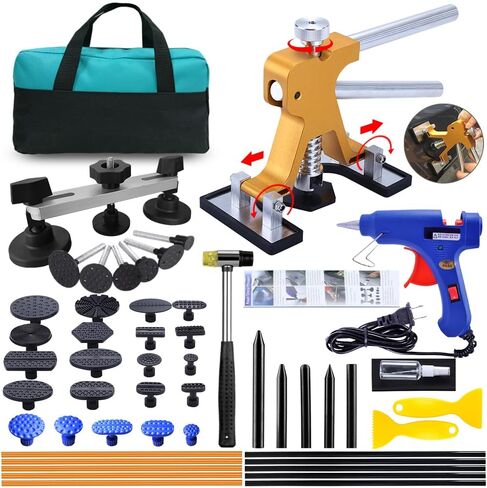 مجموعة أدوات سحب دنت السيارة - 49 قطعة طقم إصلاح دنت بدون طلاء، طقم إصلاح دنت مع رافع ذهبي قابل للتعديل وساحب دنت الجسر لإزالة دنت السيارة in Kuwait