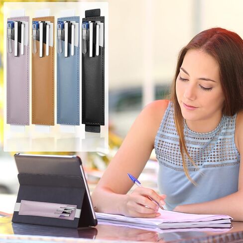 4 Pieces Adjustable Pen Holder for Notebook Elastic Strap Band PU Leather Pen Sleeve Pouch for Hardcover Journals for Gift, 8-1.5 Inch(Khaki, Gray, Brown, Navy) in Saudi Arabia