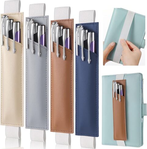 4 Pieces Adjustable Pen Holder for Notebook Elastic Strap Band PU Leather Pen Sleeve Pouch for Hardcover Journals for Gift, 8-1.5 Inch(Khaki, Gray, Brown, Navy) in Saudi Arabia