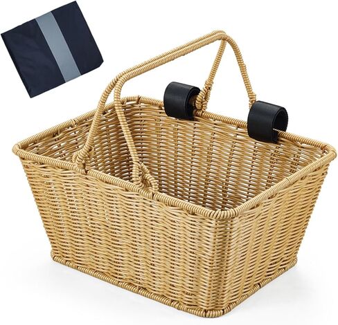 سلة دراجة، سلة دراجة منسوجة من الخوص مع غطاء مقاوم للمطر، سلة دراجة منسوجة يدويًا مع دعامة معدنية مدمجة، سلال نزهة من الخوص بمقبض، سلة دراجة بمقبض أمامي من الخوص قابلة للفصل in Kuwait