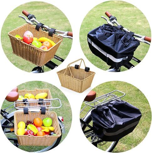 سلة دراجة، سلة دراجة منسوجة من الخوص مع غطاء مقاوم للمطر، سلة دراجة منسوجة يدويًا مع دعامة معدنية مدمجة، سلال نزهة من الخوص بمقبض، سلة دراجة بمقبض أمامي من الخوص قابلة للفصل in Kuwait