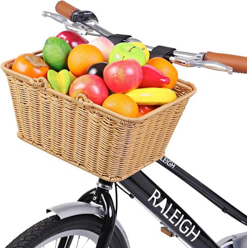 سلة دراجة، سلة دراجة منسوجة من الخوص مع غطاء مقاوم للمطر، سلة دراجة منسوجة يدويًا مع دعامة معدنية مدمجة، سلال نزهة من الخوص بمقبض، سلة دراجة بمقبض أمامي من الخوص قابلة للفصل in Kuwait