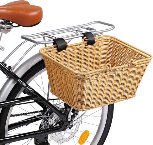 سلة دراجة، سلة دراجة منسوجة من الخوص مع غطاء مقاوم للمطر، سلة دراجة منسوجة يدويًا مع دعامة معدنية مدمجة، سلال نزهة من الخوص بمقبض، سلة دراجة بمقبض أمامي من الخوص قابلة للفصل in Kuwait