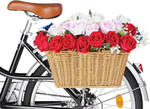 سلة دراجة، سلة دراجة منسوجة من الخوص مع غطاء مقاوم للمطر، سلة دراجة منسوجة يدويًا مع دعامة معدنية مدمجة، سلال نزهة من الخوص بمقبض، سلة دراجة بمقبض أمامي من الخوص قابلة للفصل in Kuwait