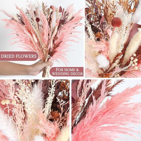17 Inch Natural Dried Flowers Bouquet, Pink Pampas Grass Decor, Mix Dry Floral Arrangements for Home Wedding Office Bedroom Decorations in Saudi Arabia