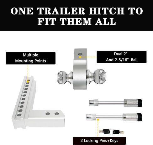 Adjustable Trailer Hitch with Dual Tow Balls (2''X2-5/16'') - Aluminum Alloy Antirust 6" Drop Hitch Fits 2-Inch Receiver, 12500 LBS GTW, Replace Tri Balls with a More Efficient Towing System in Saudi Arabia