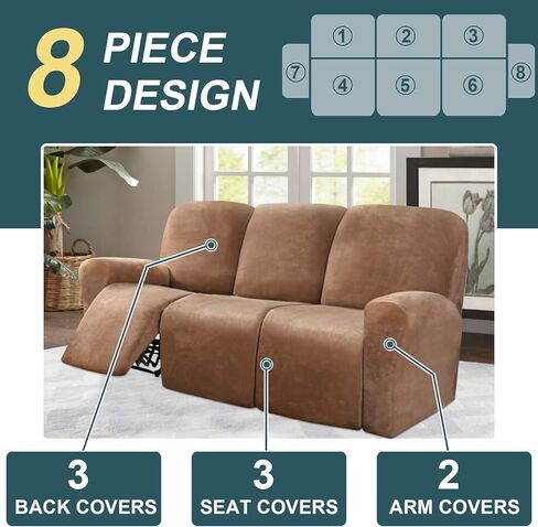 أغطية أريكة كرسي لـ 3 وسائد أريكة مخملية 8 قطع أغطية أريكة كرسي 3 مقاعد سميكة ناعمة قابلة للتمدد لأغطية الأرائك القابلة للغسل (أغطية أريكة مستلق رمادية داكنة) in Kuwait