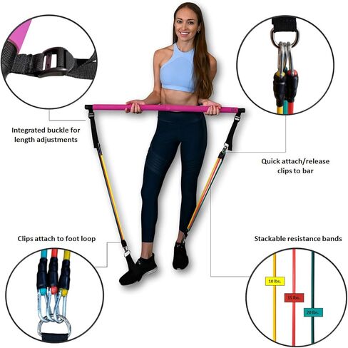 Portable Pilates Bar Kit with Resistance Bands, 6 Stackable Tension Ropes, Adjustable Strap Length, Foot Loops, Home Workout Equipment for Women. Fitness Exercises for Strength Training. in Saudi Arabia