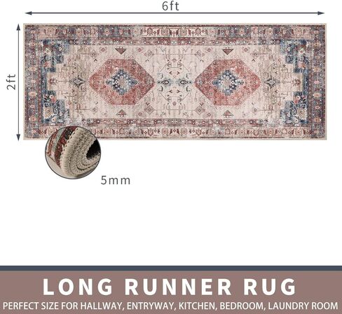 Falflor 2'x6' Non Slip Vintage Distressed Runner Rugs for Bedroom Washable Entryway Low Pile Kitchen Rug Floor Carpet Runners for Hallway Living Room in Kuwait