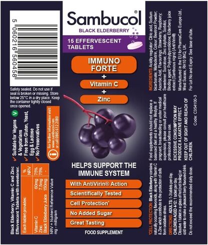Sambucol Black Elderberry Effervescent Tablets - with Vitamin C & Zinc, Immune Support Supplement, Black Elderberry with Zinc and Vitamin C Effervescent Tablets, Drink Fizzies - 15 Tablets in Saudi Arabia