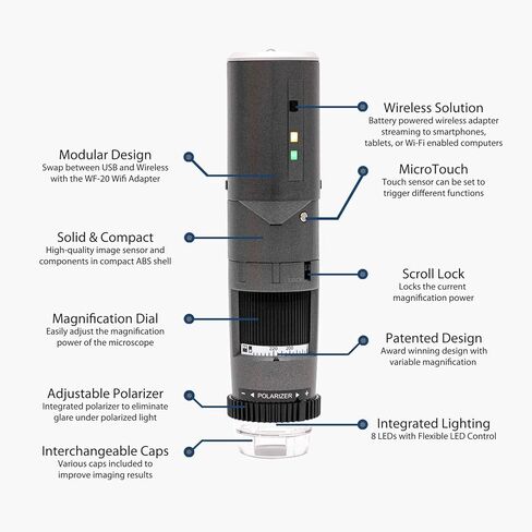 مجهر Dino-Lite لاسلكي + USB رقمي WF4115ZT - 1.3 ميجابكسل، تكبير بصري 20x - 220x، قياس، ضوء مستقطب (WF-20 متضمن) in Kuwait