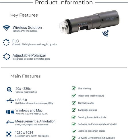 مجهر Dino-Lite لاسلكي + USB رقمي WF4115ZT - 1.3 ميجابكسل، تكبير بصري 20x - 220x، قياس، ضوء مستقطب (WF-20 متضمن) in Kuwait
