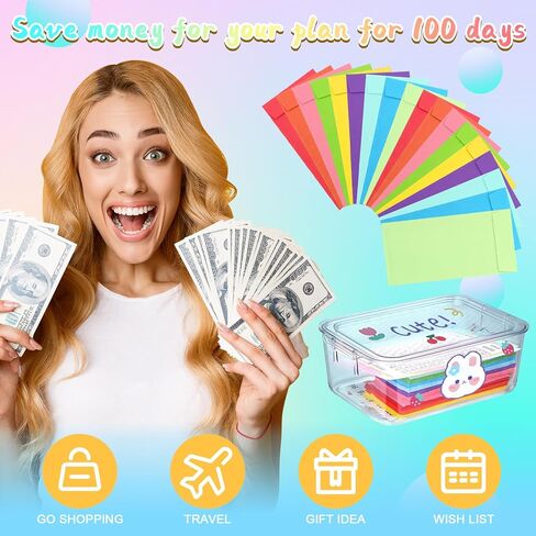 مجموعة تحدي توفير المال 100 ظرف، 100 ظرف 9 ألوان، 1 صندوق تخزين، 1 مخطط، 1 مغلفات ورقية للملصق، تحدي توفير المال، وفر 5050 دولارًا في 100 يوم، أفكار هدايا تحدي المال in Kuwait