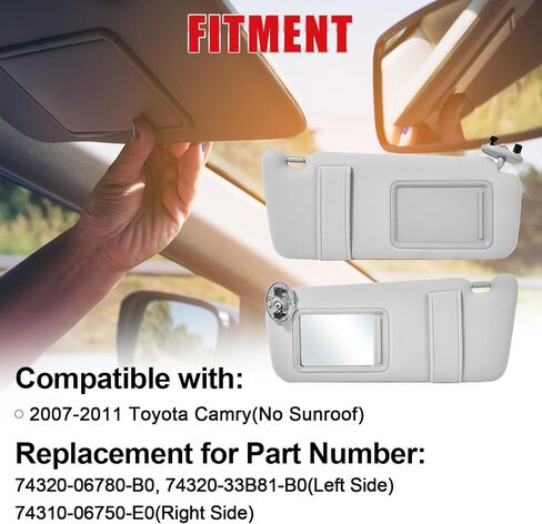 Left Side Driver Side Sun Visors Compatible with 2007-2011 Toyota Camry, Replacement for 74320-06780-B0,74320-33B81-B0, Without Sunroof and Light in Saudi Arabia