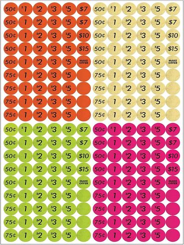 Garage Sale Price Sticker 1 x A4 Sheets | 216 Count | 2/3 Inch | Adhesive Stickers | Yard Sale, Flea Market, Clearance Label, Office Supplies, Dot Tags | Bright Colors, Orange, Gold, Pink, Green in Saudi Arabia