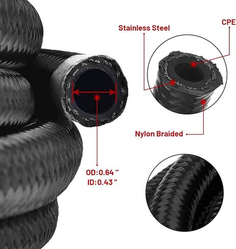 4AN 20FT مجموعة خط الوقود، AN4 النايلون الفولاذ المقاوم للصدأ مضفر CPE خط الوقود النفط / الغاز / خرطوم الوقود خرطوم تركيب نهاية مع 6 قطع دوارة خرطوم الوقود المناسب طقم محول - أسود in Kuwait