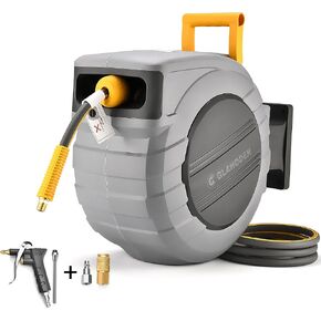 Air Hose Reel 100 Ft Retractablel, 3/8 in x 100 Ft Hybrid Hose Air Compressor Hose Reel with 6 Ft Lead in Max 300 PSI Patented Design for Any Length Lock 180°Swivel Bracket Quick Coupler