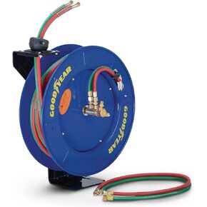 Goodyear Retractable Welding Hose Reel - 1/4" x 50' Twin Oxygen Acetylene Rubber Hoses, Heavy Duty Single Arm, 300 PSI Industrial Standard Duty