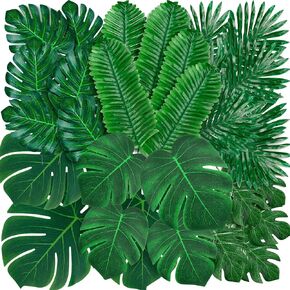 120Pcs Artificial Tropical Palm Leaves Safari Jungle Leaf with Stems for Luau, Hawaiian, Jungle Party Decor & Home Accents, Wedding Decor(7 Types)