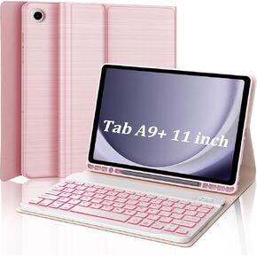 Keyboard Case for Samsung Galaxy Tab A9 Plus/A9+ 5G 11 Inch 2023, 7 Colors Backlit, Auto Sleep/Wake, Wireless Bluetooth, Detachable Keyboard, Smart Folio Cover with S Pen Holder, Pink