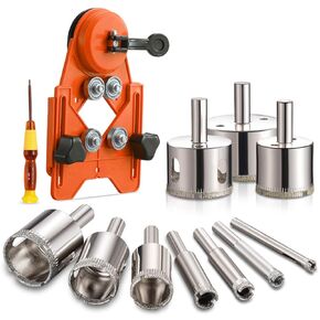THINKWORK Diamond Drill Bits, Dry/Wet Brazing Hollow Drill Hole Saw Kit, 12 PCS Tile Opener (1/4"-2") with Double Suction Cups Hole Saw Guide Jig, Suitable for Glass, Ceramic, Tile, Marble, Porcelain