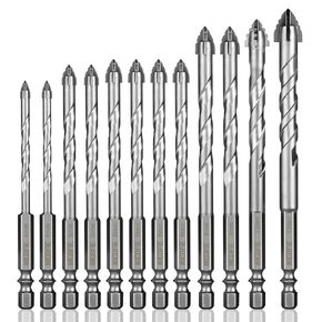 12 Pcs Concrete Carbide Drill Bits Set Hex Shank Masonry Cement Tile Drill Bit Set Hex Shank for Glass/Brick/Plastic/Wood/Procelain/Aluminium/Tile 5/32"-1/2"