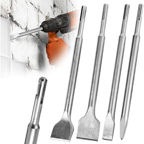 SDS Plus Chisel Set for Rotary Hammer Drills, 4 PCS SDS Chisel Set Includes Point, Flat, Scaling, Tile Chisels 40Cr Steel, Hammer Drill Chisel Bits for Brick, Concrete, Block, Masonry