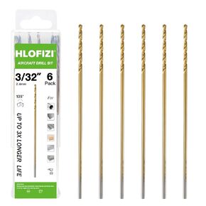 3/32 x 6 Inch Extra Long Drill Bits (6 Pack), Aircraft Drill Bit Titanium M2 High Speed Steel for Wood, Plastic, PVC, Thin Metal Sheet