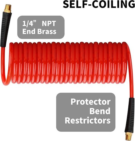 Hromee 1/4 in x 25 ft Polyurethane Recoil Air Hose with Bend Restrictors Compressor Hose with 1/4" Industrial Universal Quick Coupler and I/M Plug Kit, Red in Saudi Arabia