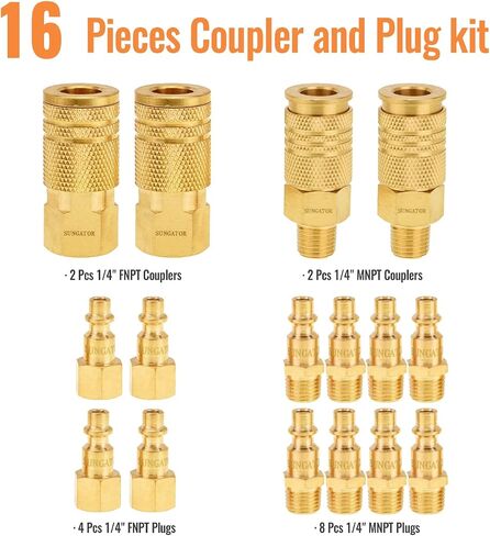 SUNGATOR Air Hose Fittings 1/4" NPT, 16-Piece Solid Brass Quick Connect Air Line Fittings, 1/4 Inch Compressor Accessories, Coupler and Plug Kit, 1/4'' Quick Connect Hose Repair Kit in Saudi Arabia