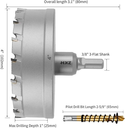 ZKH 2-1/2 Inch Carbide Hole Saw Drill Bit for Hard Metal, Tungsten Carbide Tipped Hole Saw Cutter with 2Pcs Titanium-Plated Pilot Drill bit, Great for Metal, Stainless Steel, Iron, Aluminium, Alloys in Saudi Arabia