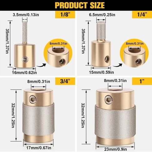 Glass Diamond Grinder Bit Head Tools Stained Glass Drill Bits Brass Core Stained Glass Grinder Bits Stain Glass Tools Diamond Grinding Bit Head Tools for Stained Glass 4 Sizes (1" 3/4" 1/4" 1/8") in Saudi Arabia