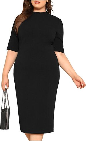 Floerns Women's Plus Size Mock Neck Short Sleeve Bodycon Pencil Midi Dress in Kuwait