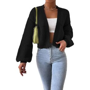 COZYEASE Women's Color Block Crop Cardigan Top Bishop Long Sleeve Open Front Sweater