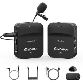 Moman Wireless Lavalier Microphone C2X, 2.4G Dual Transmitter Lapel Mic 656FT 8H for Online Class Vlog Stream YouTube for Camera Smartphone Tablet (C2X Dual)